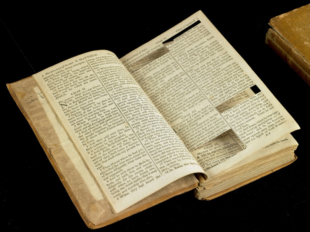 A source Bible from which Thomas Jefferson’s private text, The Life and Morals of Jesus of Nazareth—colloquially known as the Jefferson Bible—was culled in part.